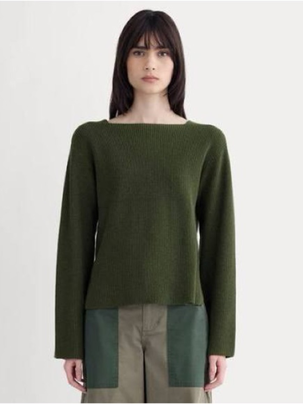Women's Everlane Dark Green Boatneck Ribbed Cotton Sweater